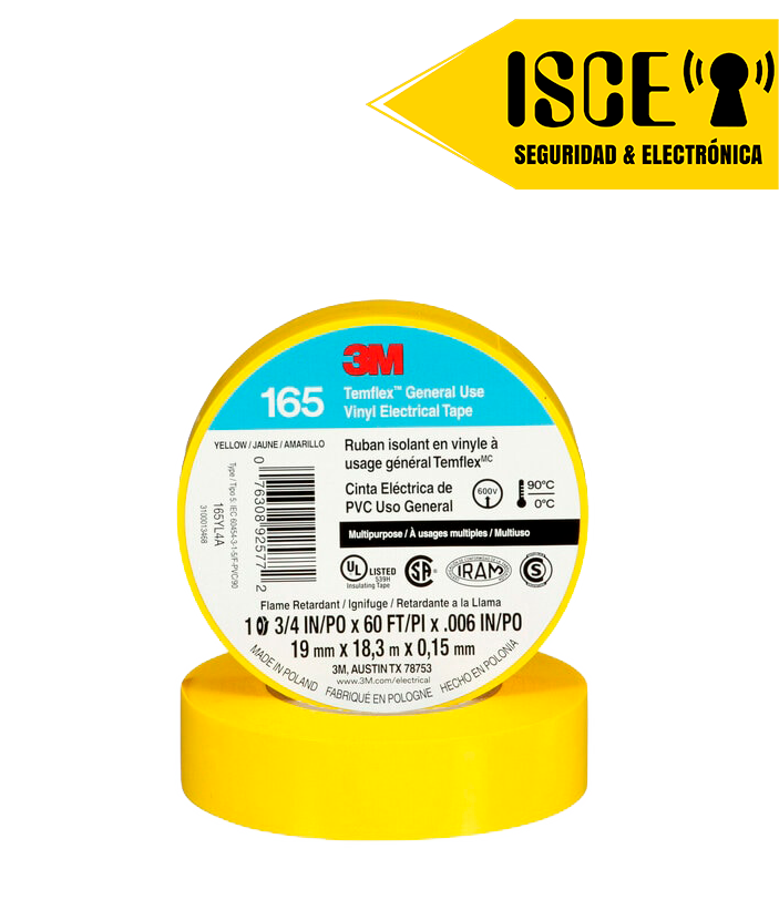 3M CINTA AISLANTE TEMFLEX 165 VINILO 3/4&quot;X 18MTS AMARILLO