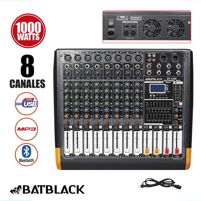 BATBLACK CONSOLA AMPLIFICADA 1000W C/USB BT MP3 8 CANALES PHANTOM