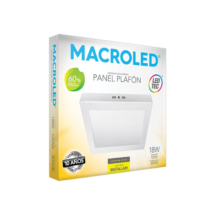 MACROLED PANEL LED CUADRADO ADOSABLE 18W AC85-265V LUZ CALIDA 3000K