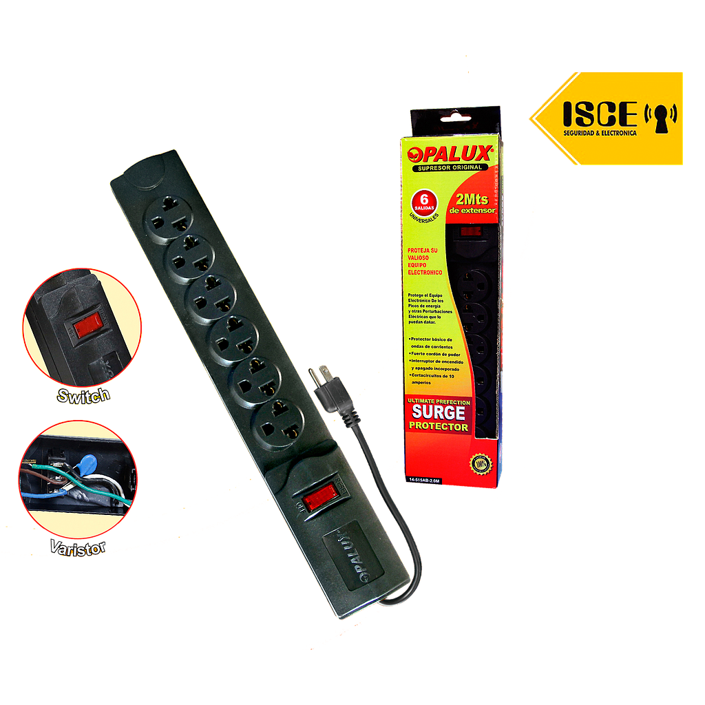 OPALUX SUPRESOR DE PICO 6TOMAS UNIVERSALES C/SW 5M