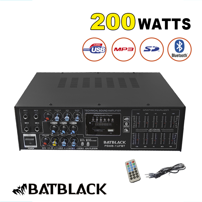 BATBLACK AMPLIFICADOR C/RADIO 200W 220V 60HZ MP3/USB/FM/BT/MC